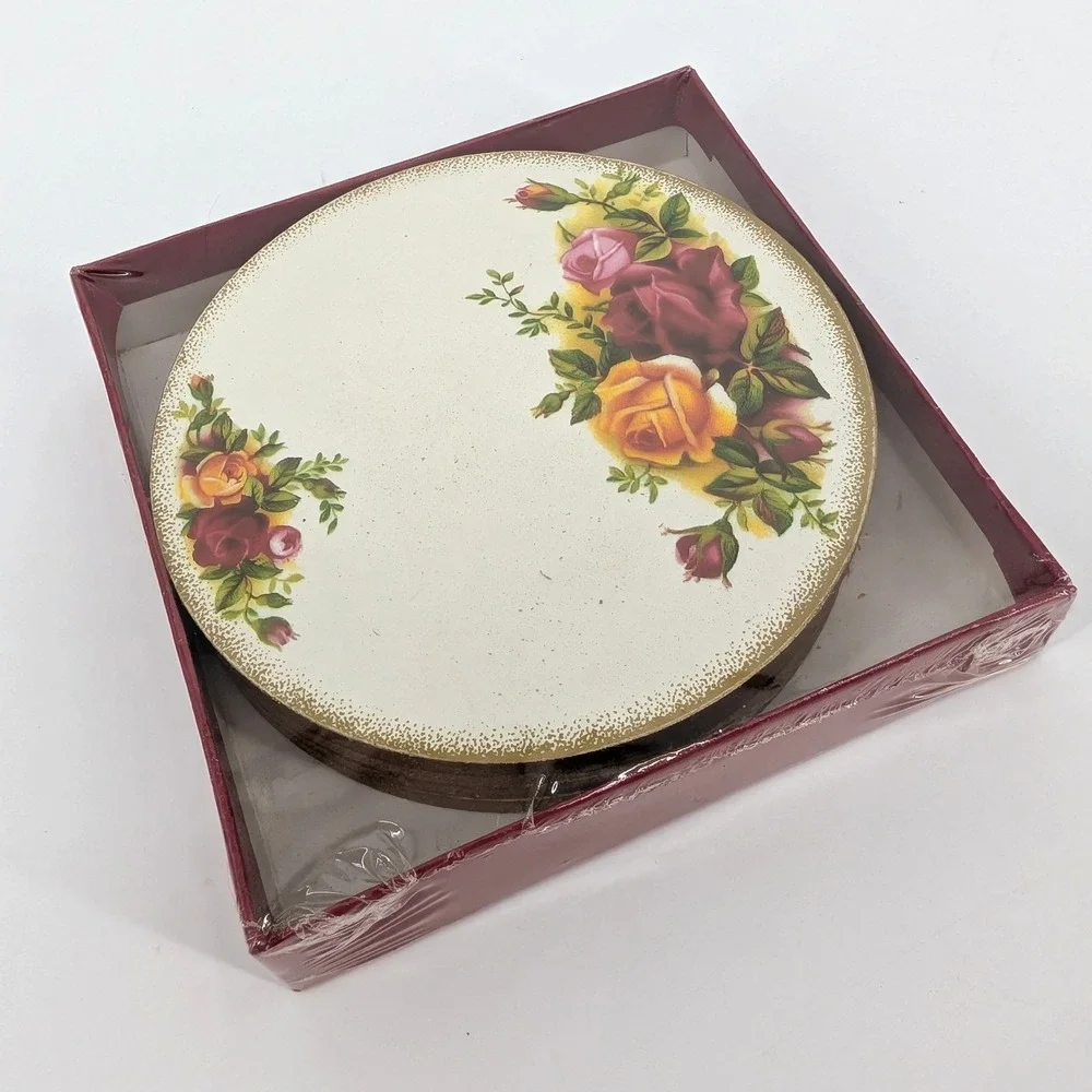 NOS Royal Albert Old Country Roses Coaster Set Vintage Floral Gold Rim NIB